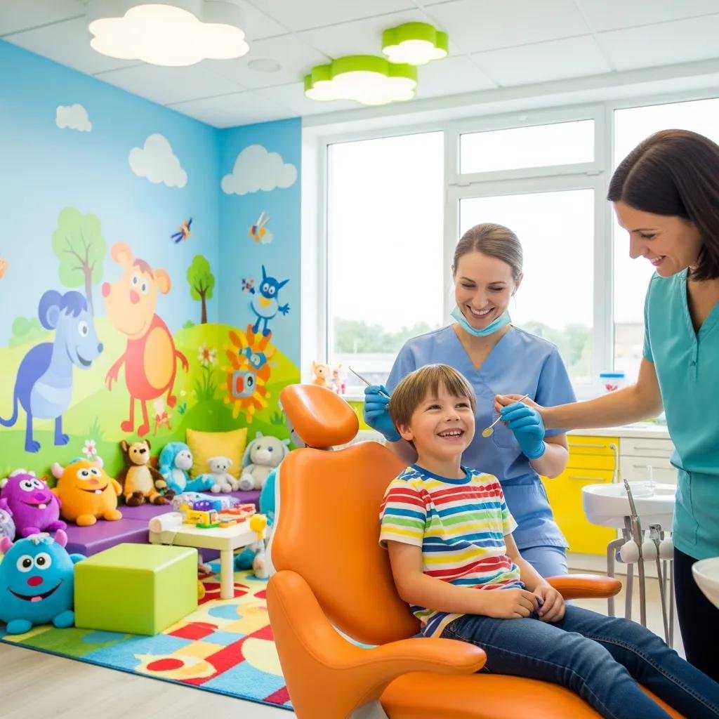 Child-friendly pediatric dental office with a smiling child in an orange dental chair, surrounded by colorful decor and toys, as a dentist prepares for a gentle exam.