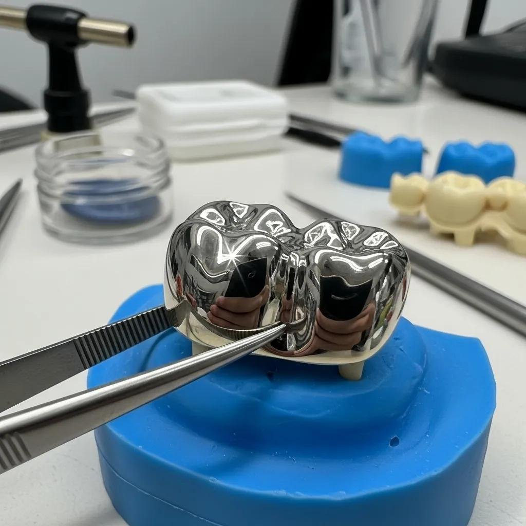 Close-up of a metal dental crown showcasing its durability and strength