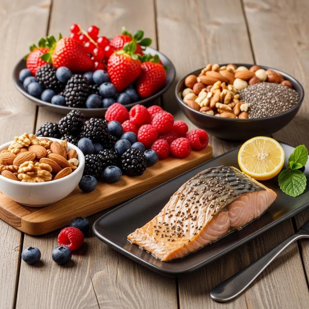 Colorful display of anti-inflammatory foods including berries, fatty fish, and nuts for gum health