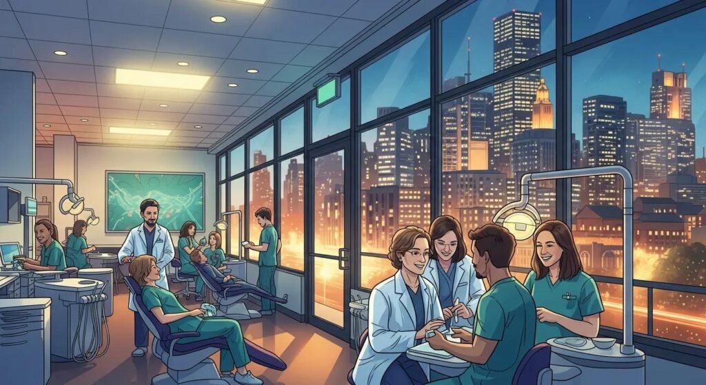 Dental clinic interior with staff in scrubs providing patient care, city skyline visible through large windows, emphasizing compassionate dental services.