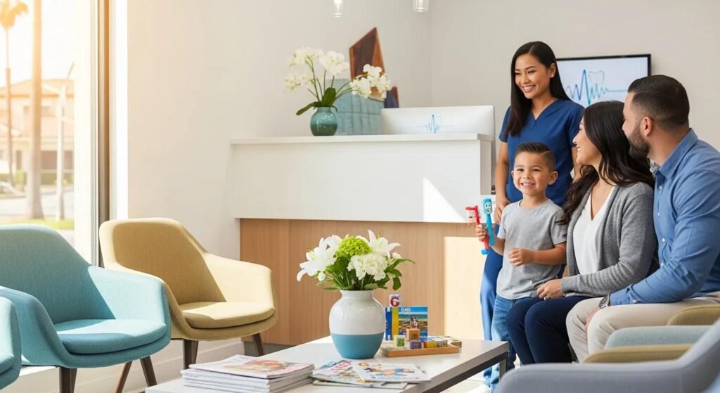 Family-friendly dental office waiting area with a smiling child holding a toothbrush, a dental professional in scrubs, and parents seated, emphasizing comprehensive dental care for families in Fontana, CA.