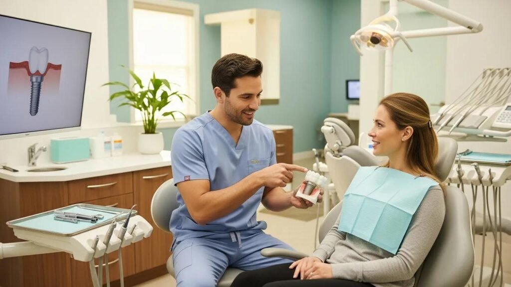 Dental consultation in Ontario, CA, focusing on dental implants with a dentist and patient