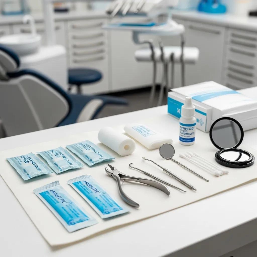Dental emergency kit with essential tools including antiseptic wipes, gauze, dental mirror, forceps, and cotton swabs in a dental office setting, emphasizing emergency dental care services in Colony Park.