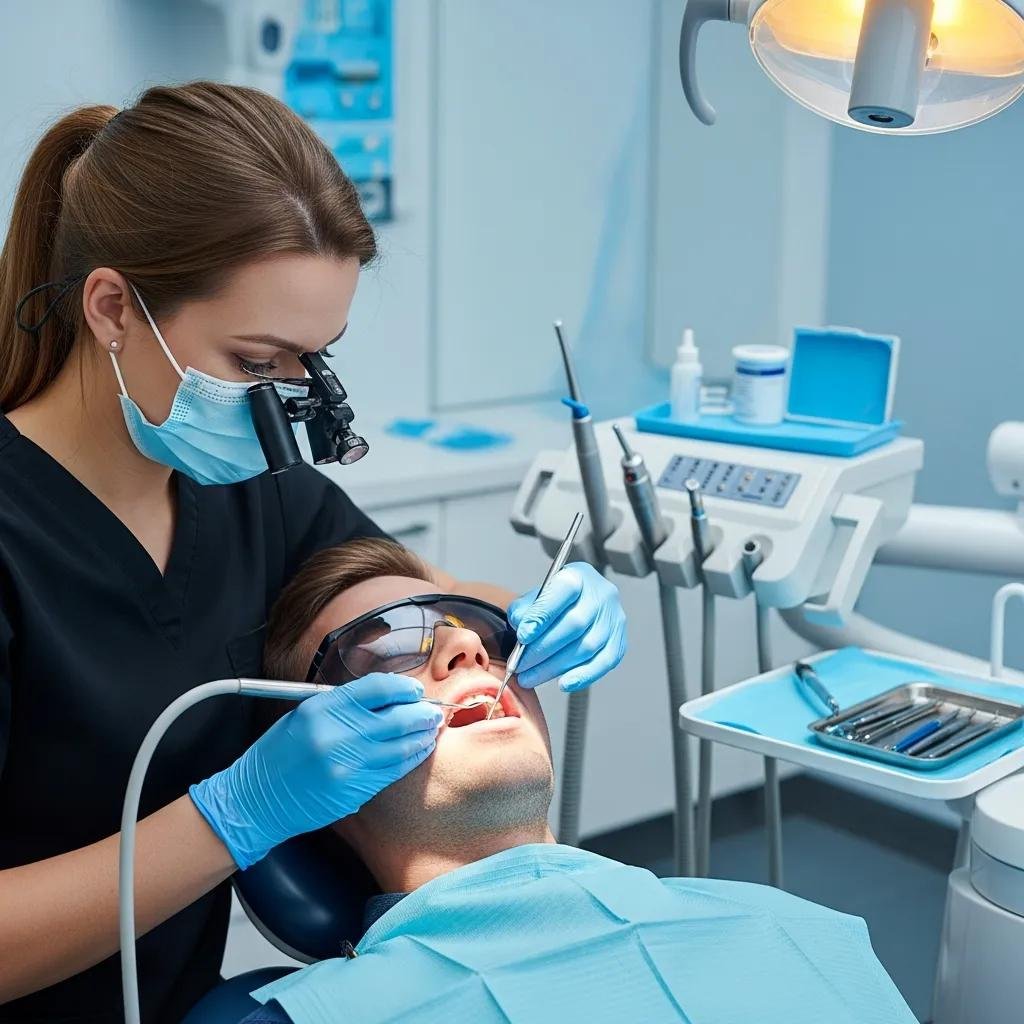 Dental hygienist performing a professional teeth cleaning on a patient, showcasing the dental care process in a clinical setting with dental tools and equipment visible.