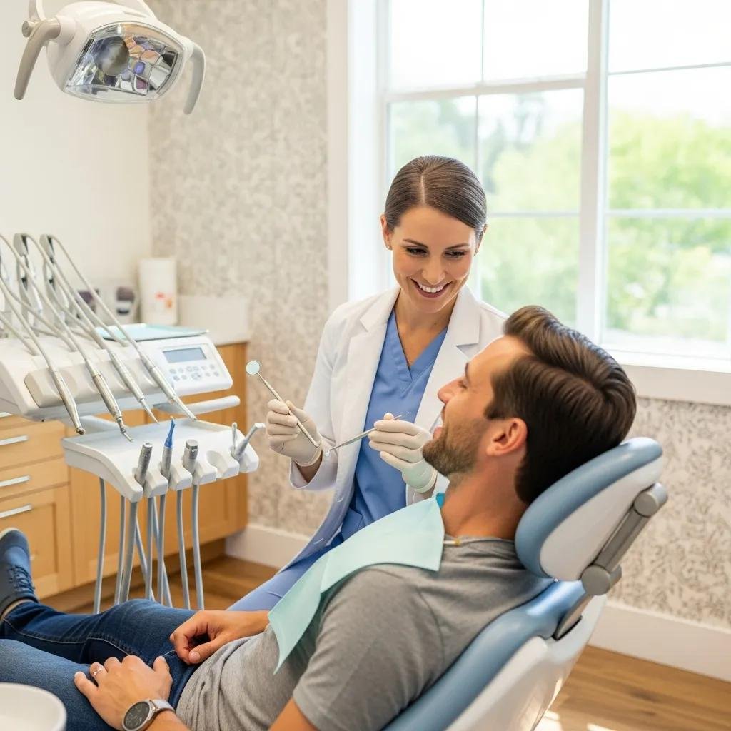 Dentist performing a routine dental checkup on a patient in a modern dental office, highlighting preventative dental care and professional teeth cleaning
