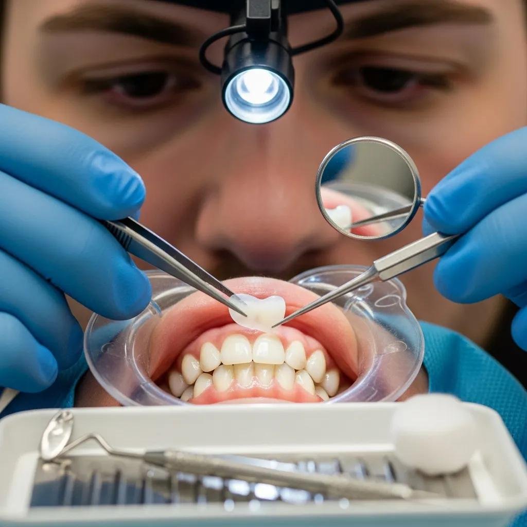 Dental professional applying porcelain veneers to patient's teeth during cosmetic dental procedure, showcasing aesthetic enhancement in smile makeovers.
