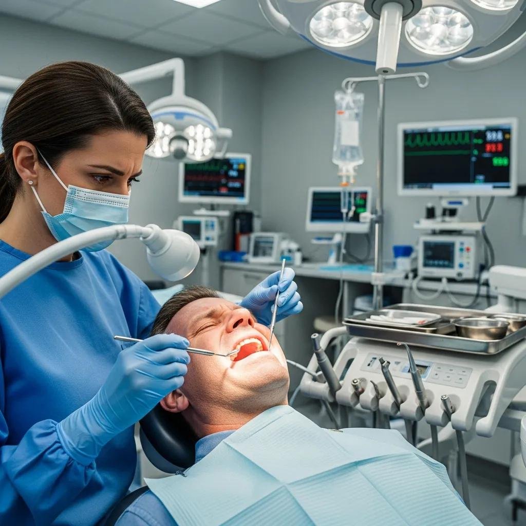 Dental professional providing emergency care to a patient in a clinic with advanced dental equipment and monitoring devices.