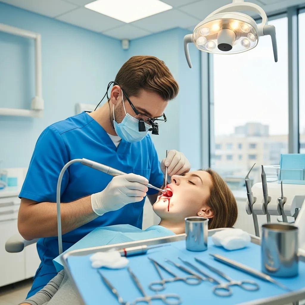Dental professional providing emergency dental care to patient in clinic, featuring dental tools and equipment, emphasizing urgent oral health services.