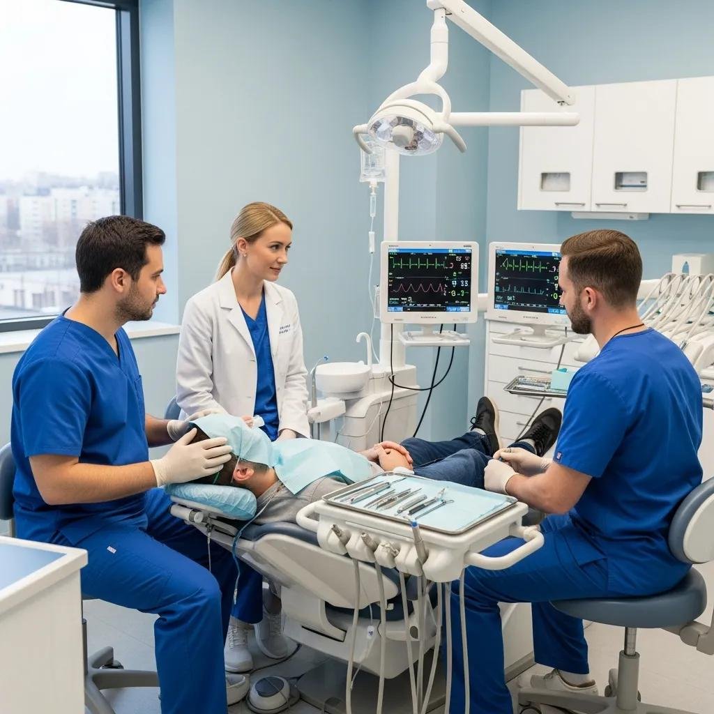 Dental team in blue scrubs ensuring patient safety during sedation dentistry, monitoring vital signs on screens, and providing comfort in a modern dental office.