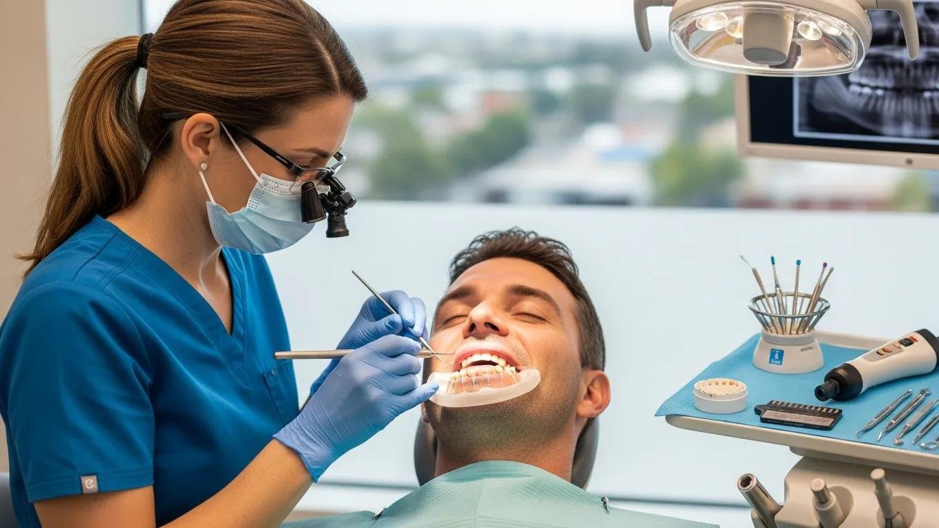 Dentist applying porcelain veneers to a patient&rsquo;s teeth in a cosmetic dentistry setting in Ontario, CA