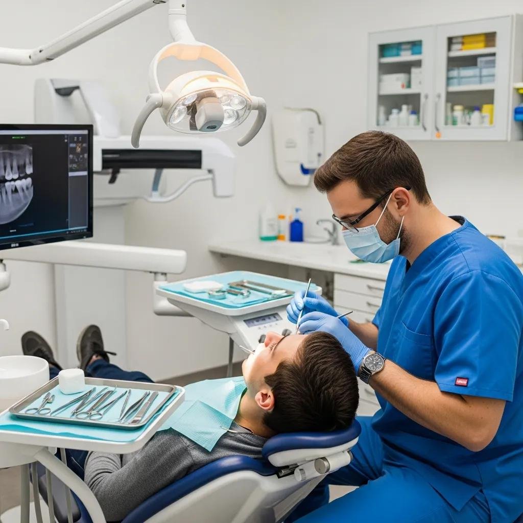 Dentist providing emergency dental care to a patient in a clinic, with dental tools and X-ray monitor visible, highlighting urgent dental treatment options in Eastvale, CA.