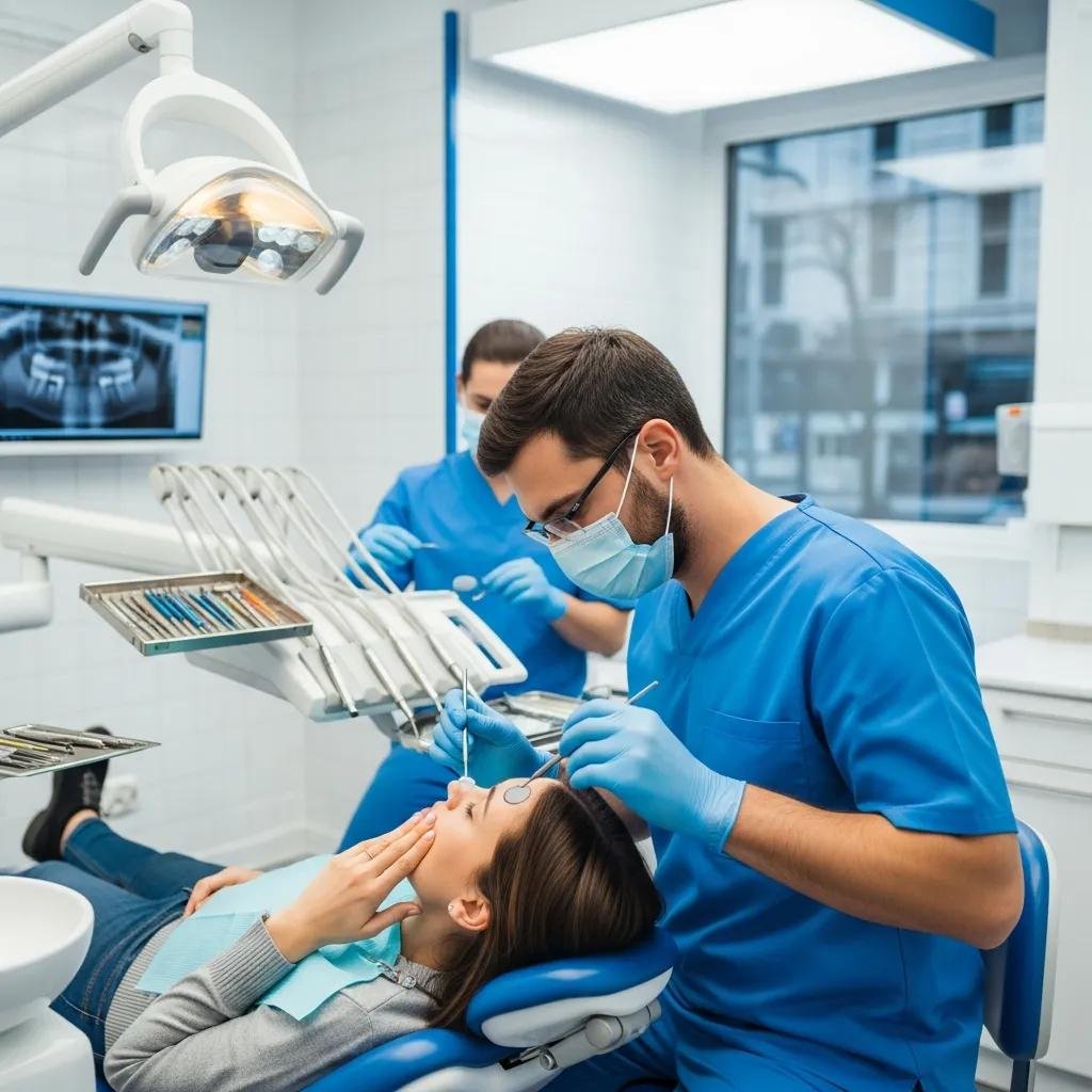 Dentist providing emergency dental care to a patient in a modern clinic, with dental tools and equipment visible, emphasizing urgent oral health services.