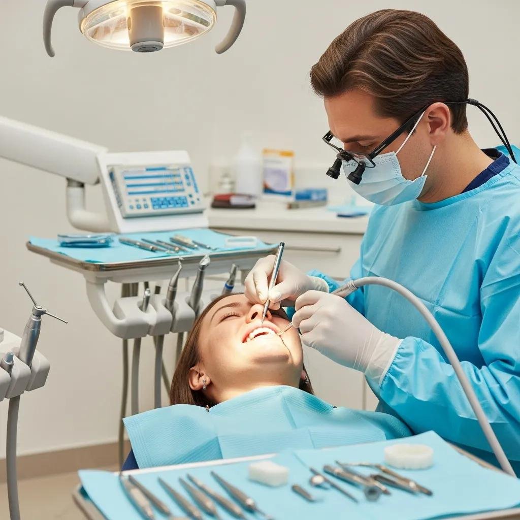 Dentist providing emergency dental care to a patient in a clinical environment, featuring dental tools and equipment, emphasizing patient-centered treatment and comfort.