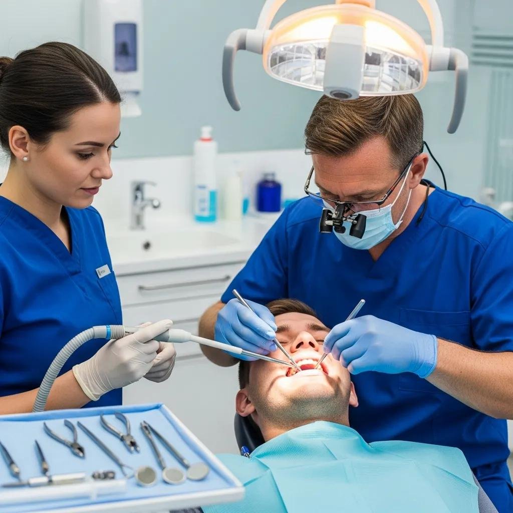 Dentist providing emergency dental care to a patient, showcasing urgent dental services in a clinical setting at Beautiful Smiles Ontario near Chino, CA.