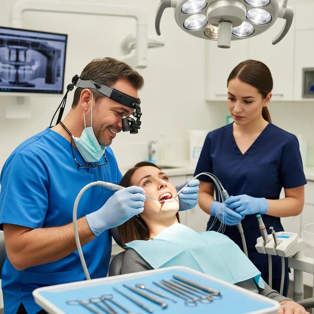 Dentist providing immediate care to a patient during an emergency dental visit, featuring dental tools and a bright clinical setting.