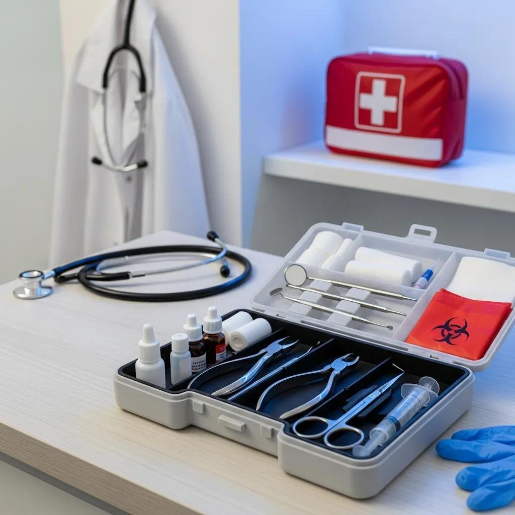 Emergency dental care kit with tools and supplies in a dental office, featuring syringes, dental instruments, and antiseptic solutions, emphasizing the importance of accessible emergency services in Ontario, CA.