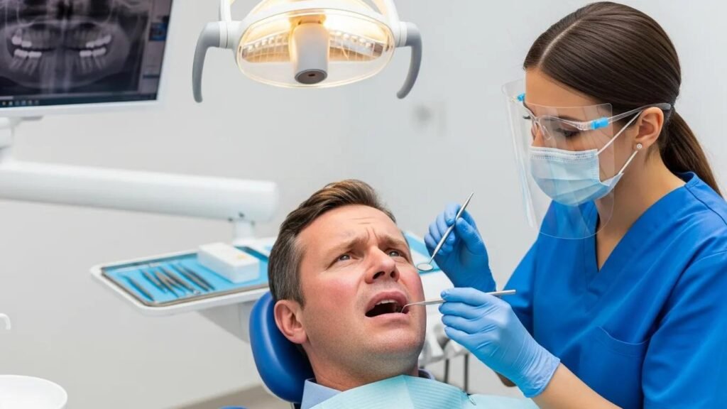 Emergency dental care scene with a dentist examining a patient in Ontario, CA