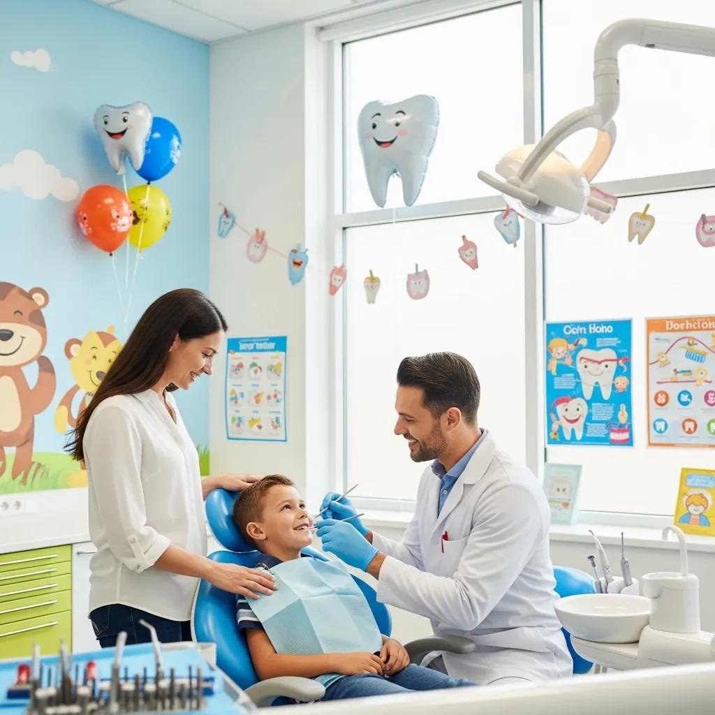 Family dentist examining child's teeth in a cheerful dental office, featuring colorful decor and educational posters, promoting comfort and care for children in Eastvale.