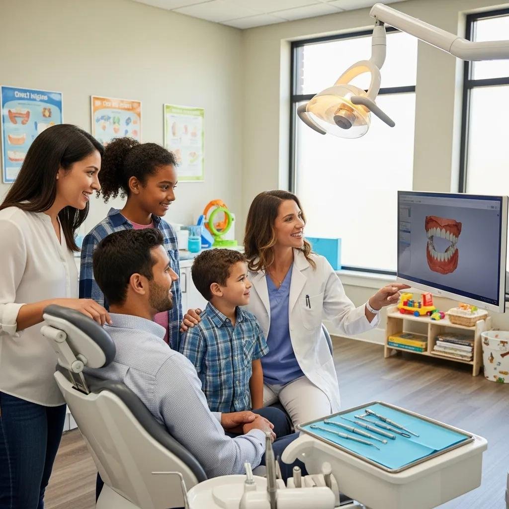 Family receiving preventive dental care in a friendly clinic, dentist explaining treatment options using digital display, modern dental tools visible.