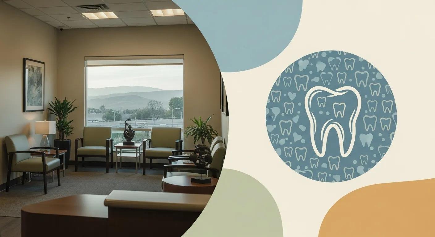Dental office waiting area with comfortable seating, plants, and a view of mountains, featuring a tooth graphic symbolizing family dentistry services in Jurupa Valley, CA.