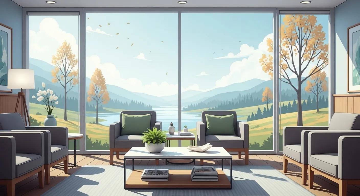 Cozy waiting area with modern furniture, large windows showcasing a serene landscape of mountains and autumn trees, emphasizing a calming atmosphere for anxiety-free dental visits.