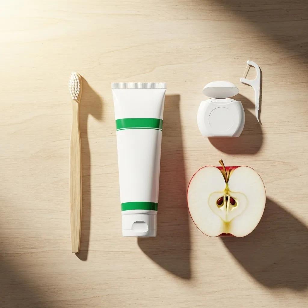 Flat lay of dental care items including a bamboo toothbrush, fluoride toothpaste tube, dental floss container, and a sliced apple, illustrating tips for maintaining oral health and hygiene.