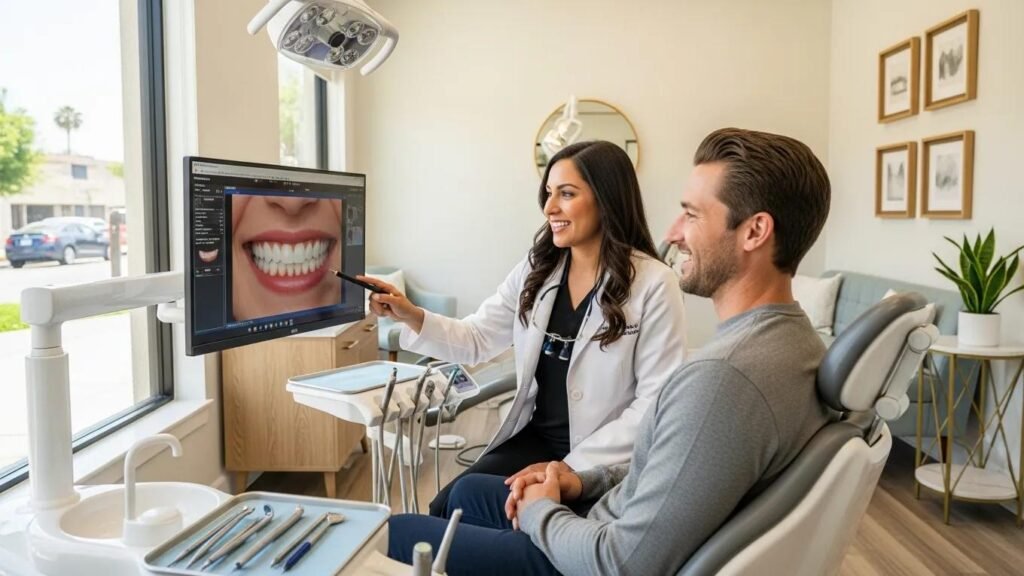 Friendly dentist consulting with a patient about cosmetic dentistry in a modern Ontario dental office