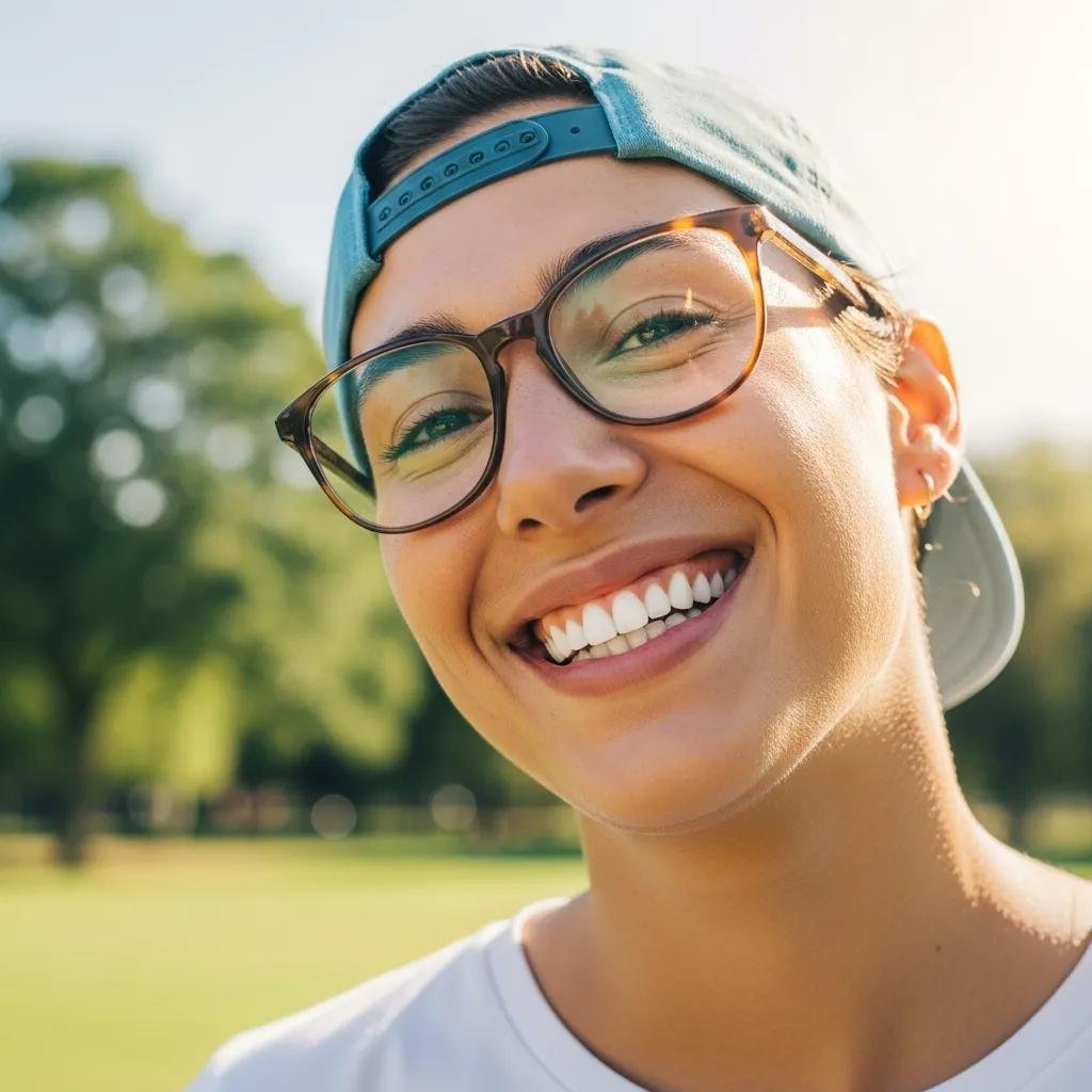 Individual smiling confidently in a park after cosmetic dental treatment, showcasing improved dental aesthetics and enhanced self-confidence.