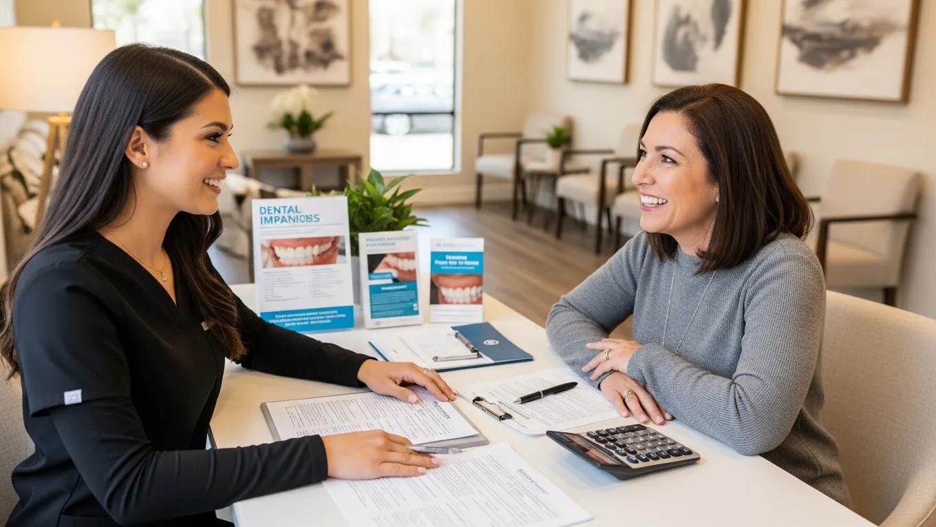 Patient discussing financing options for dental implants with staff in Ontario, CA