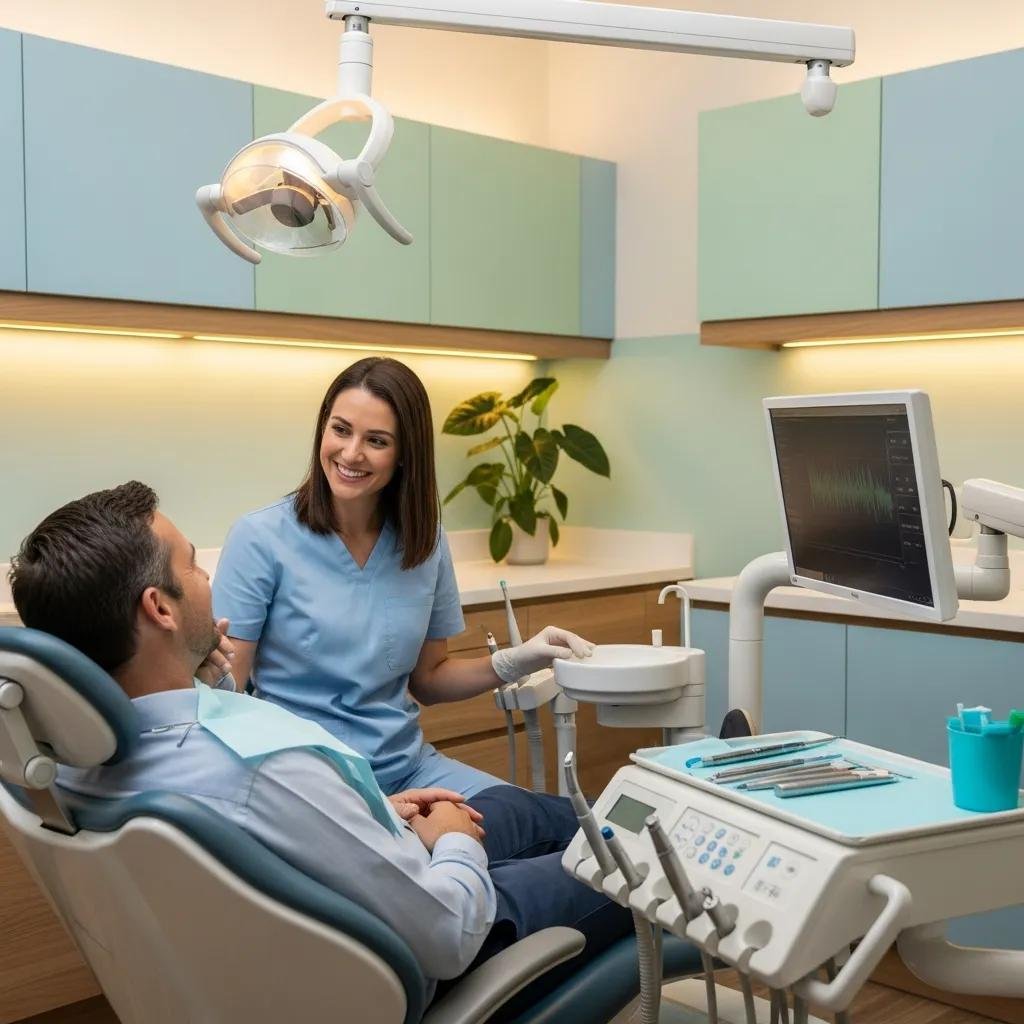 Patient discussing sedation options with a dentist in a modern dental treatment room, emphasizing comfort in dental care at Beautiful Smiles Dentistry of Ontario.