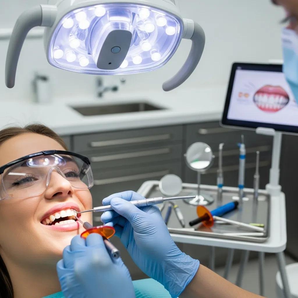 Patient receiving cosmetic dental treatment in a modern dental office, with dental tools and equipment visible, emphasizing comfort and care.