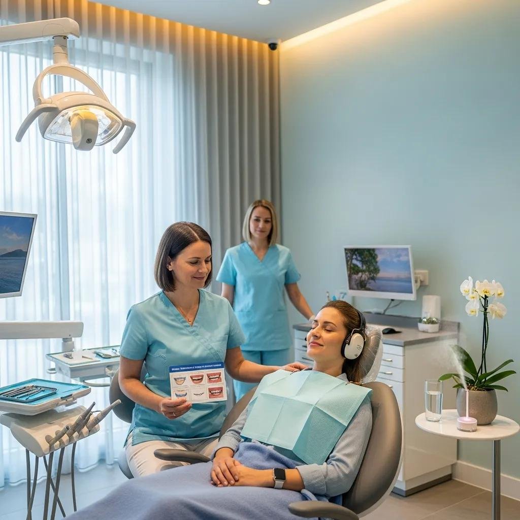 Patient receiving sedation treatment in a calming dental environment, with dental professional explaining options, emphasizing anxiety management and comfort during emergency dental care.