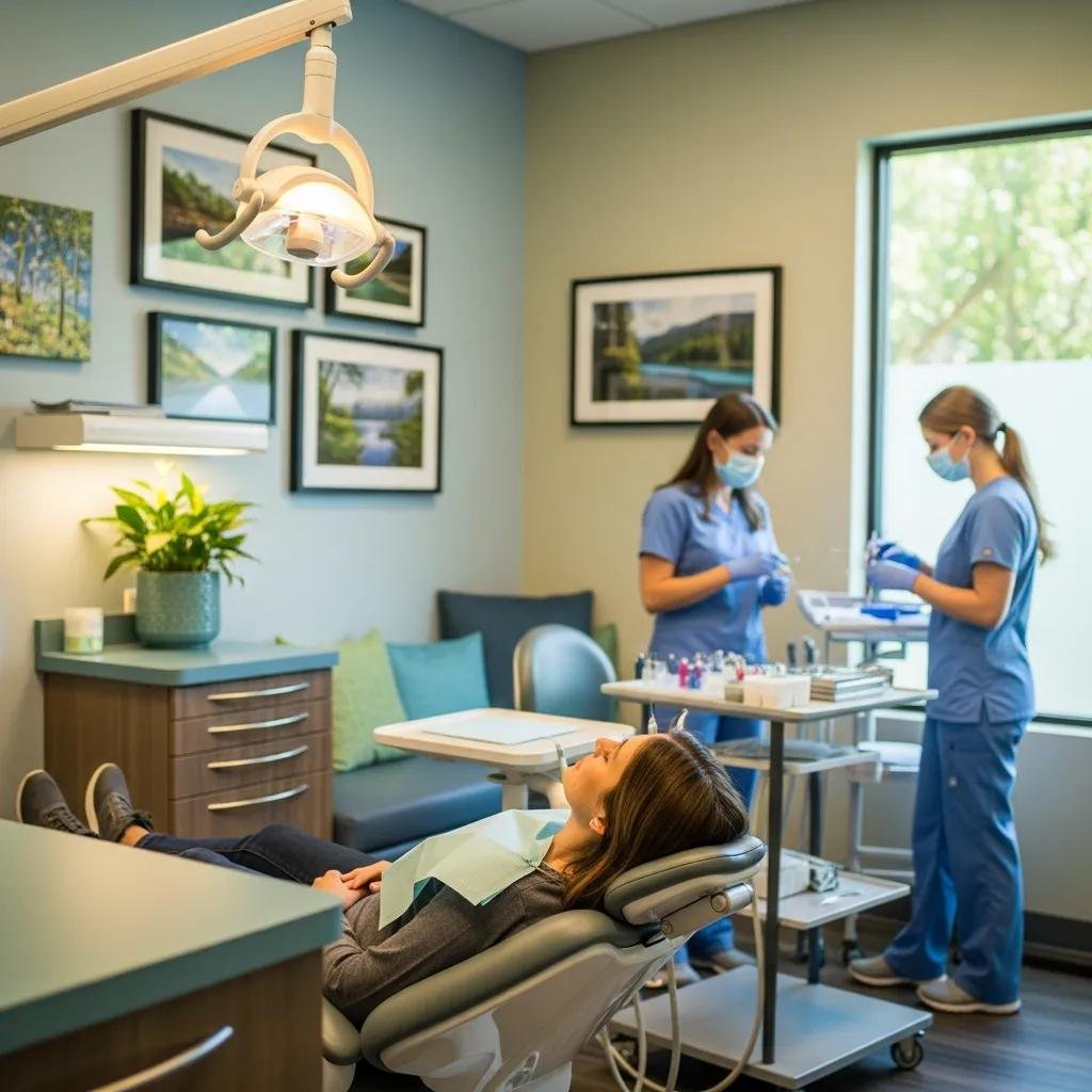 Patient relaxing in a dental chair during sedation dentistry, with dental professionals preparing for cosmetic procedures in a modern, comfortable clinic environment.
