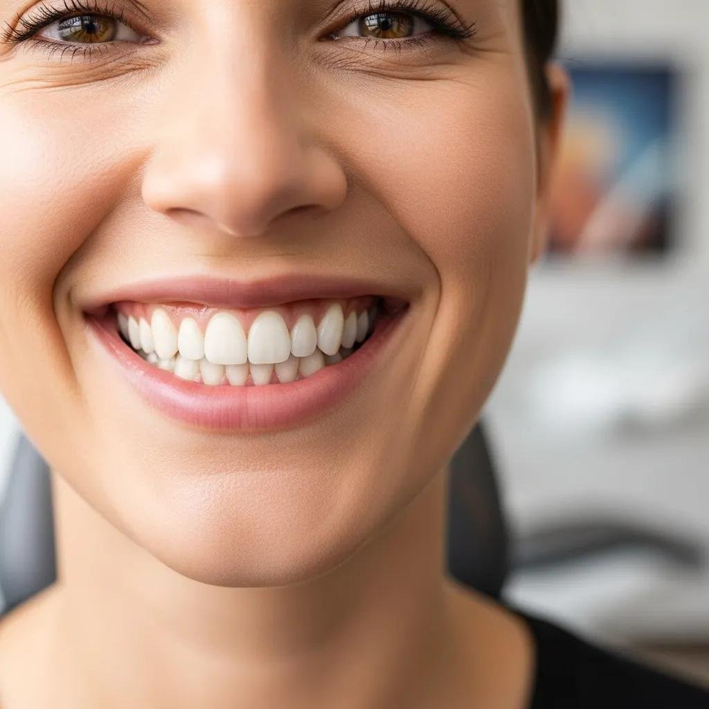 Smiling woman showcasing bright, healthy teeth after cosmetic dental treatment at Beautiful Smiles Ontario, emphasizing confidence and aesthetic enhancement.