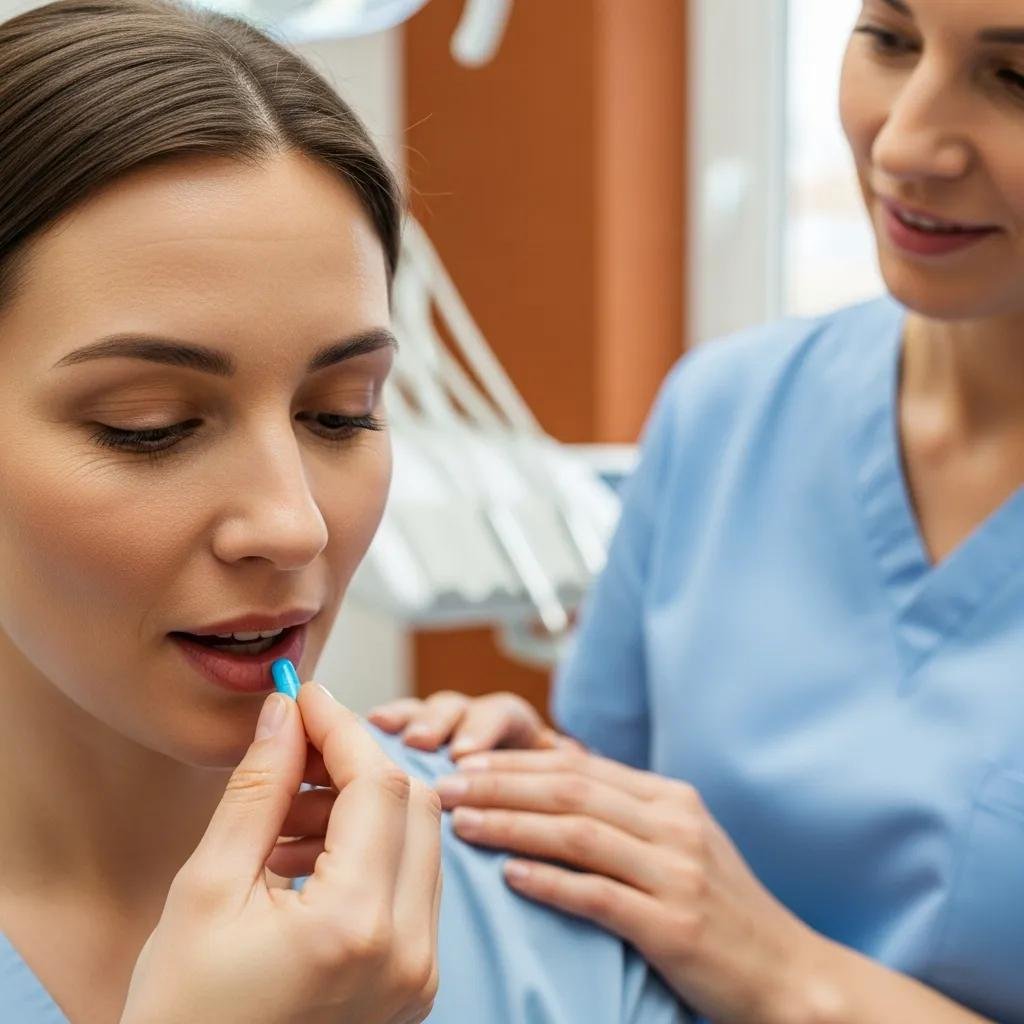 Patient preparing to take an oral sedative pill for anxiety-free dental experience, assisted by a dental professional in a clinical setting.