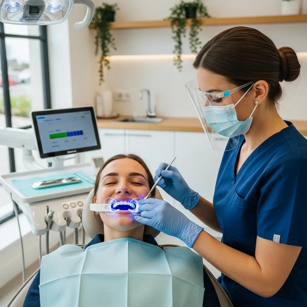 Patient undergoing professional teeth whitening treatment in a modern dental clinic, with a dental hygienist applying a whitening device and using a dental tool, emphasizing comfort and advanced cosmetic dentistry services.