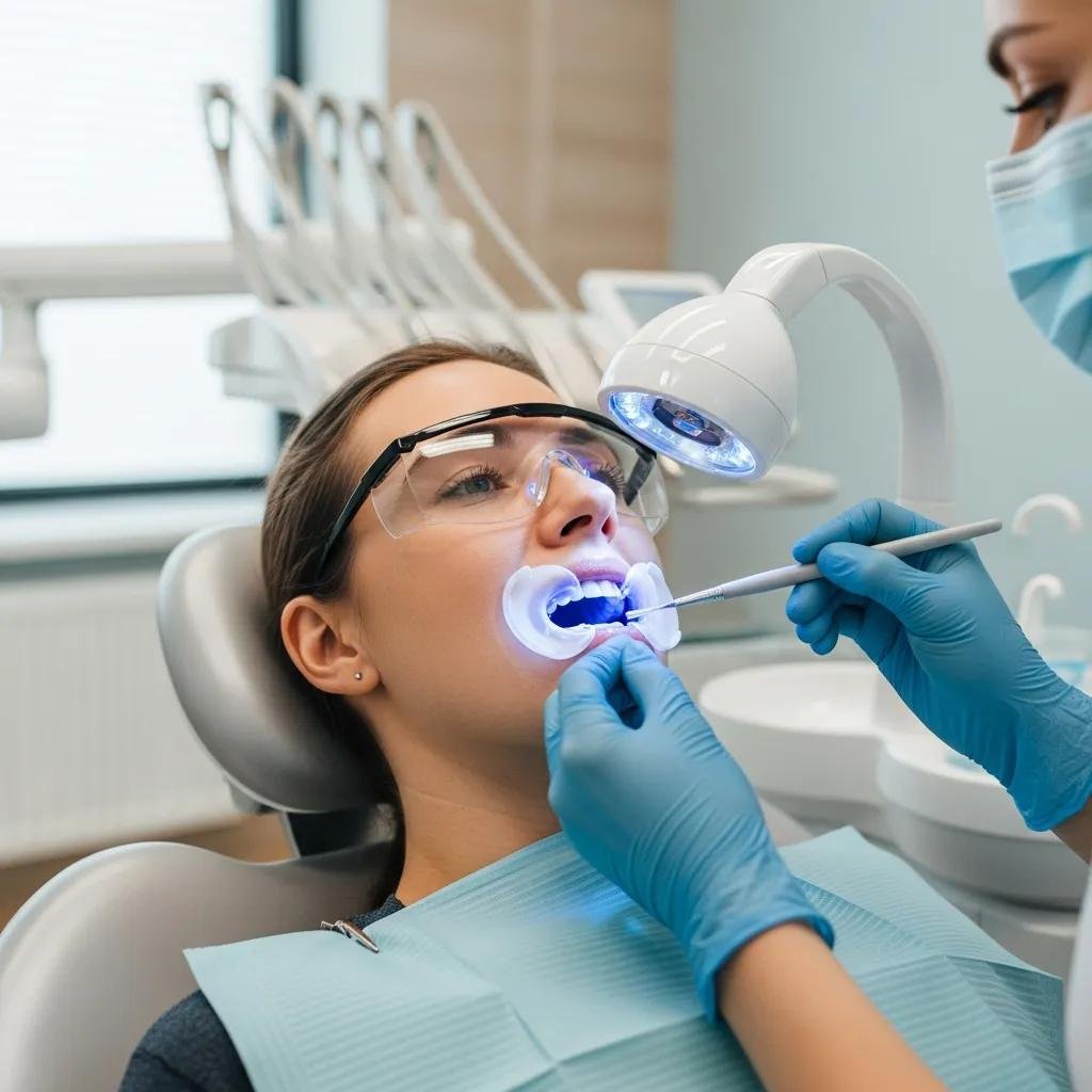 Patient undergoing teeth whitening treatment in a modern dental clinic, highlighting cosmetic dentistry services offered at Beautiful Smiles Ontario.