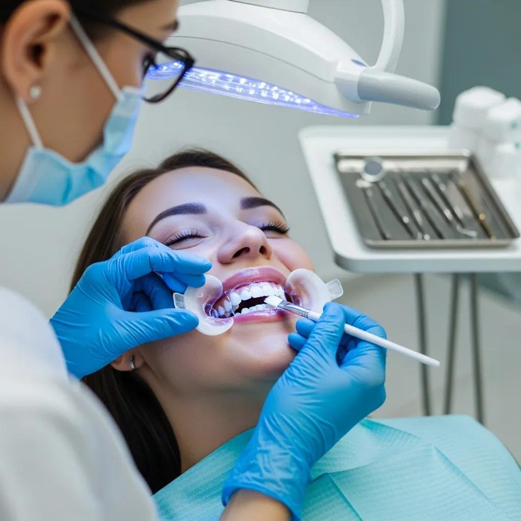 Patient undergoing teeth whitening treatment in a modern dental clinic, showcasing cosmetic dentistry services with a dental professional applying whitening gel.
