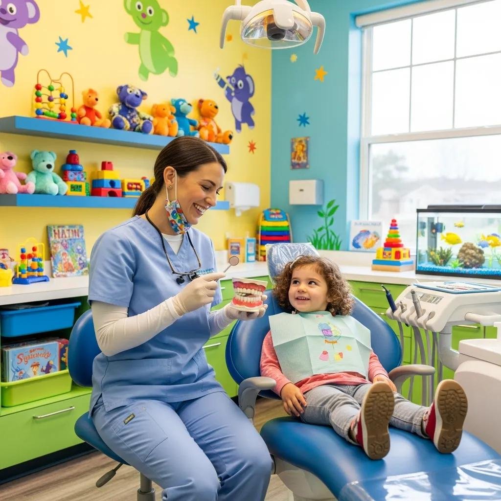 Pediatric dentist interacting with a child in a colorful dental office, showcasing specialized care and a child-friendly environment for positive dental experiences.