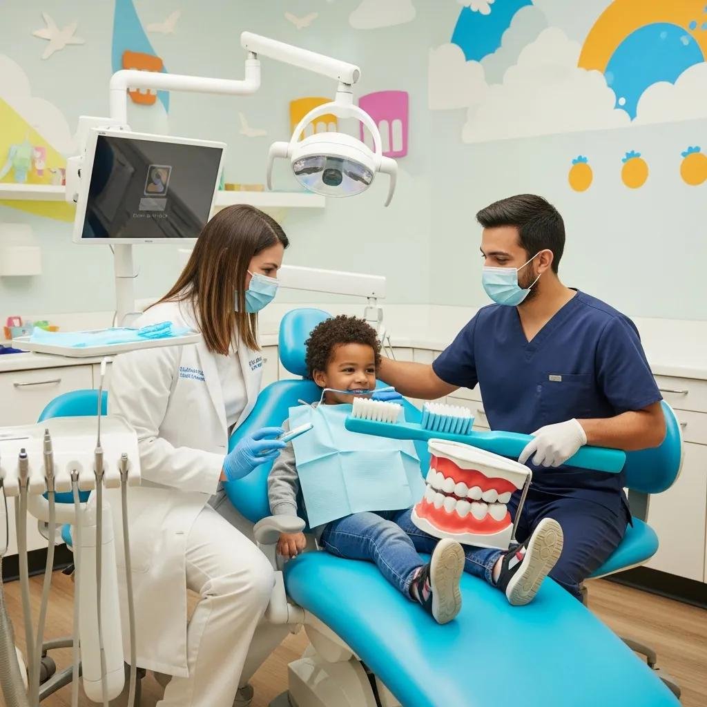 Pediatric dentist teaching a child about dental hygiene in a colorful dental office, emphasizing child-friendly care and preventive oral health practices.
