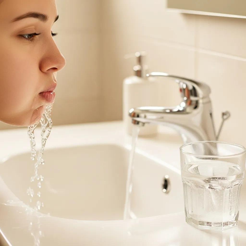 Person rinsing mouth with warm salt water for dental pain relief in bathroom sink setting.
