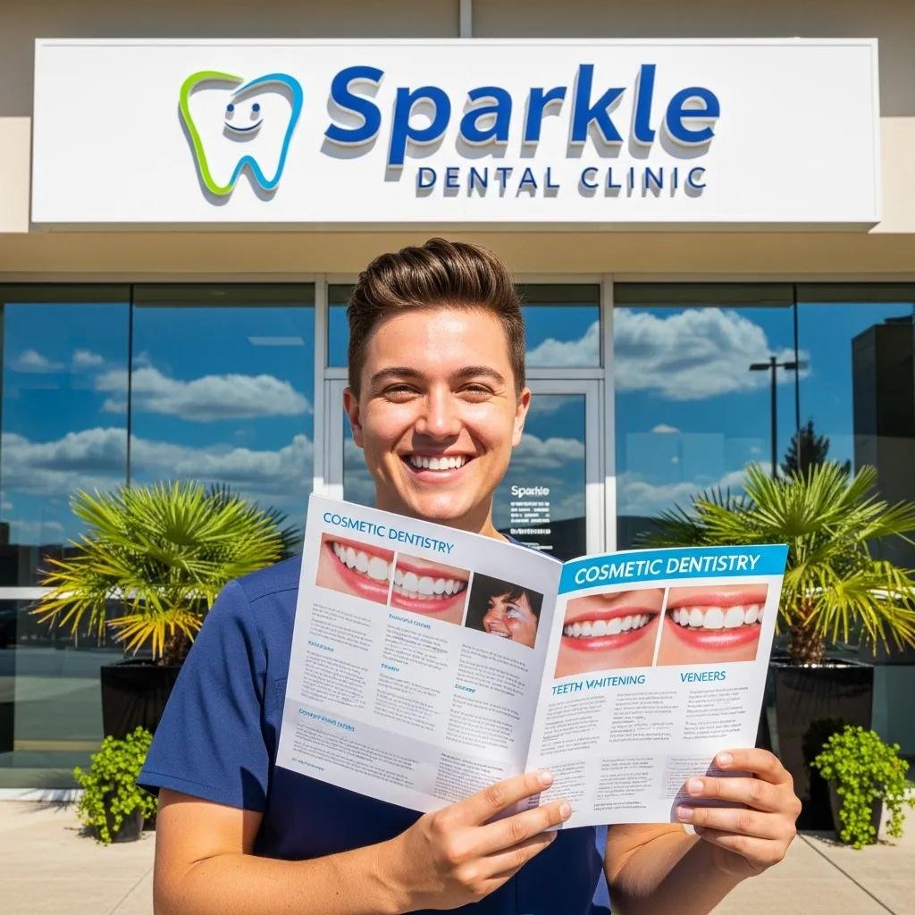 Person holding a cosmetic dentistry brochure in front of Sparkle Dental Clinic, showcasing services like teeth whitening and veneers, with palm trees in the background.