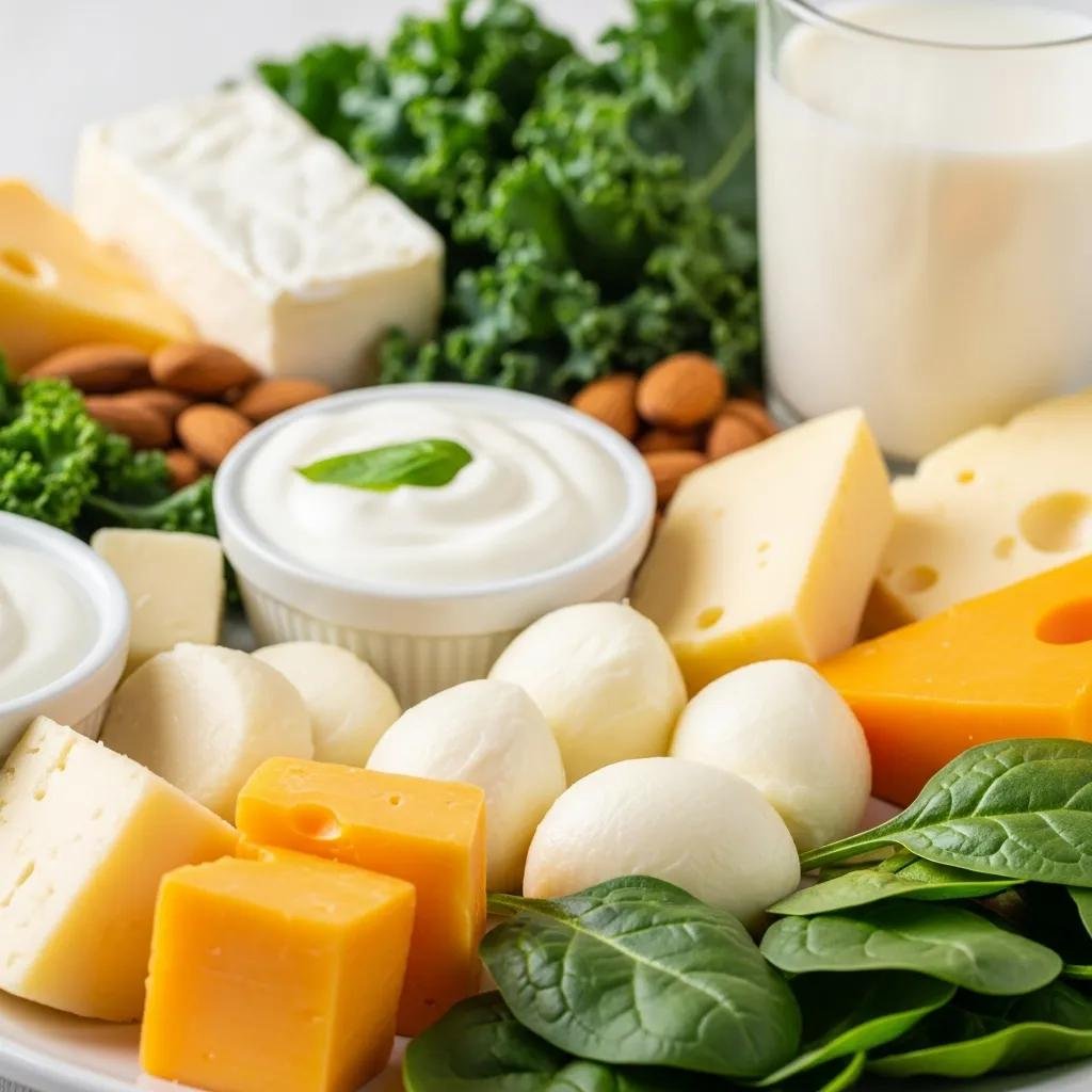 Plate of calcium-rich foods including dairy, leafy greens, and fortified milk for dental strength