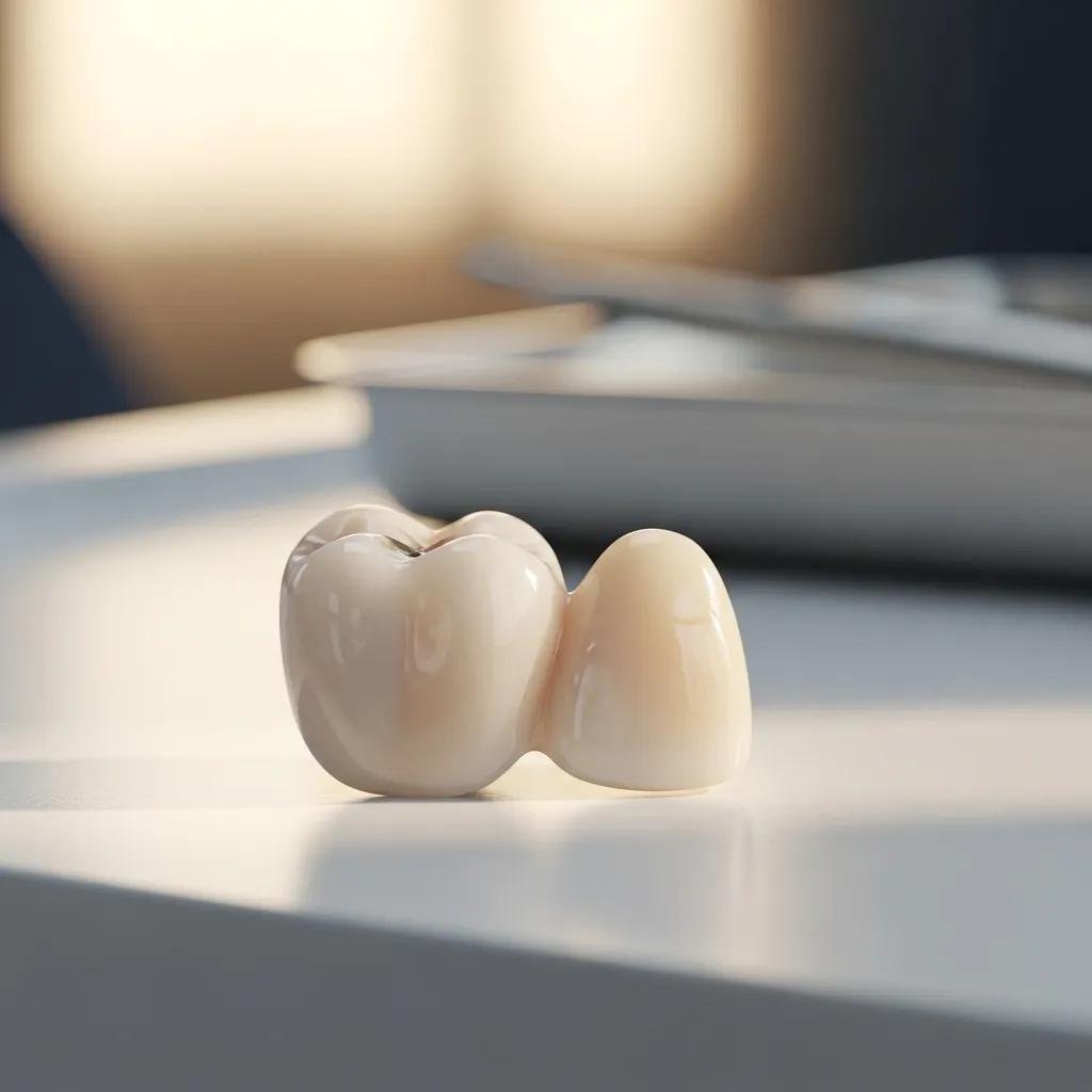 Porcelain dental crown next to a natural tooth demonstrating aesthetic qualities