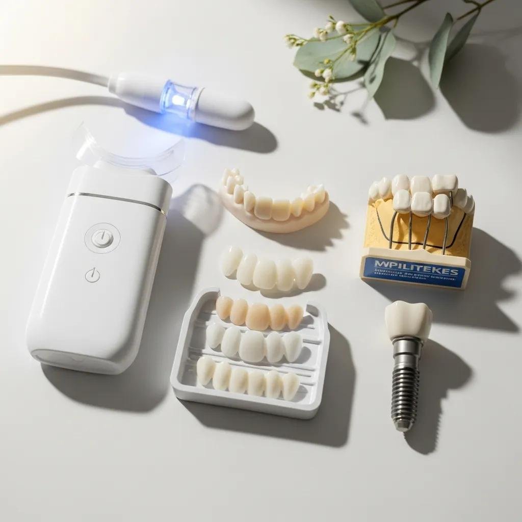 Cosmetic dentistry tools including teeth whitening device, porcelain veneers, dental implants, and sample teeth models, illustrating options for enhancing smiles in Pomona, CA.
