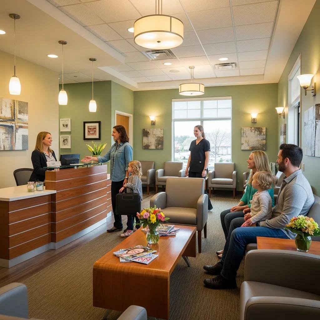 Welcoming dental office reception area with staff assisting patients, comfortable seating, and a bright environment emphasizing patient comfort and trust.