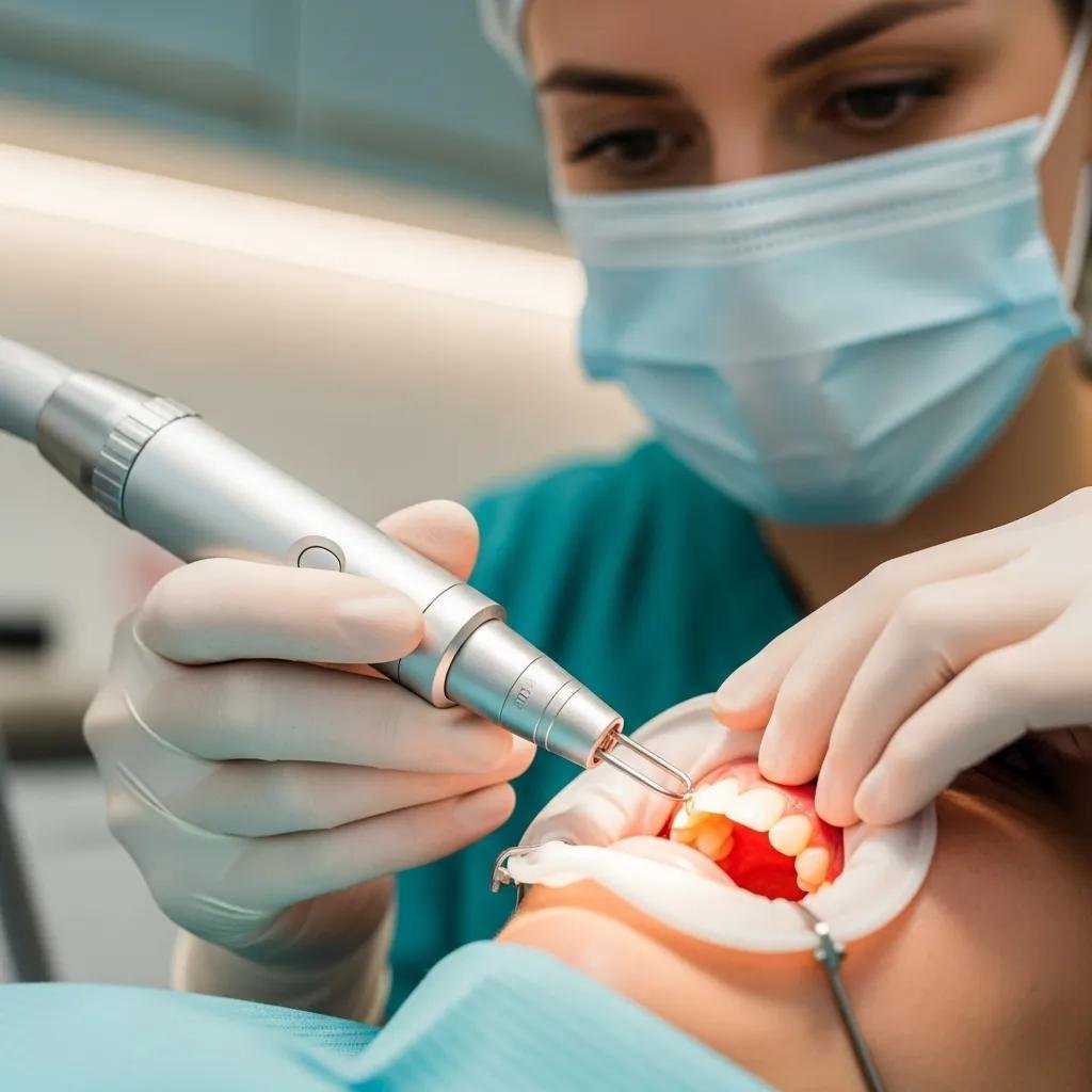 Dental professional performing a gum lift procedure with laser technology