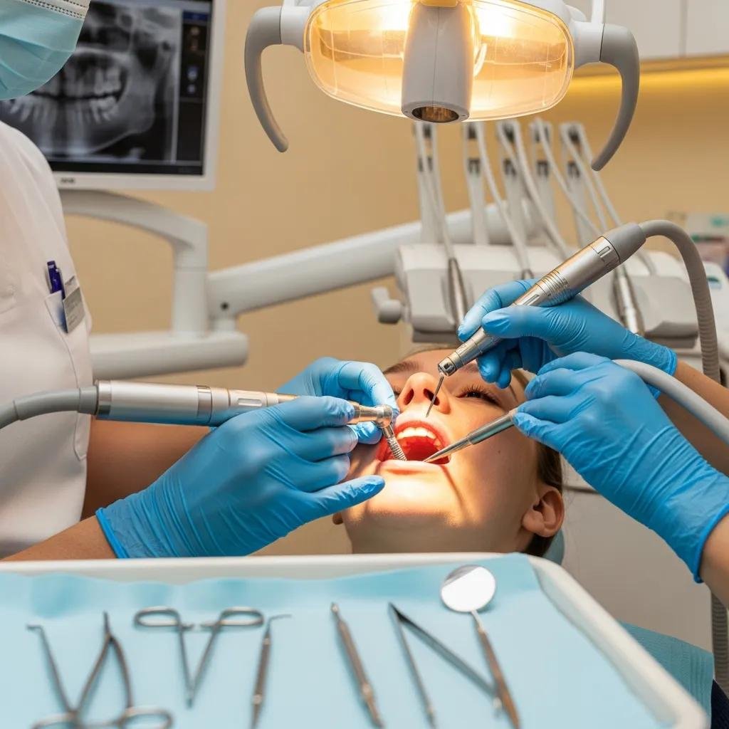 Dental professional performing implant placement procedure in a clinical setting with dental tools and X-ray.