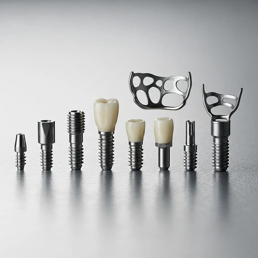 Different types of dental implants: endosteal, subperiosteal, and mini implants.