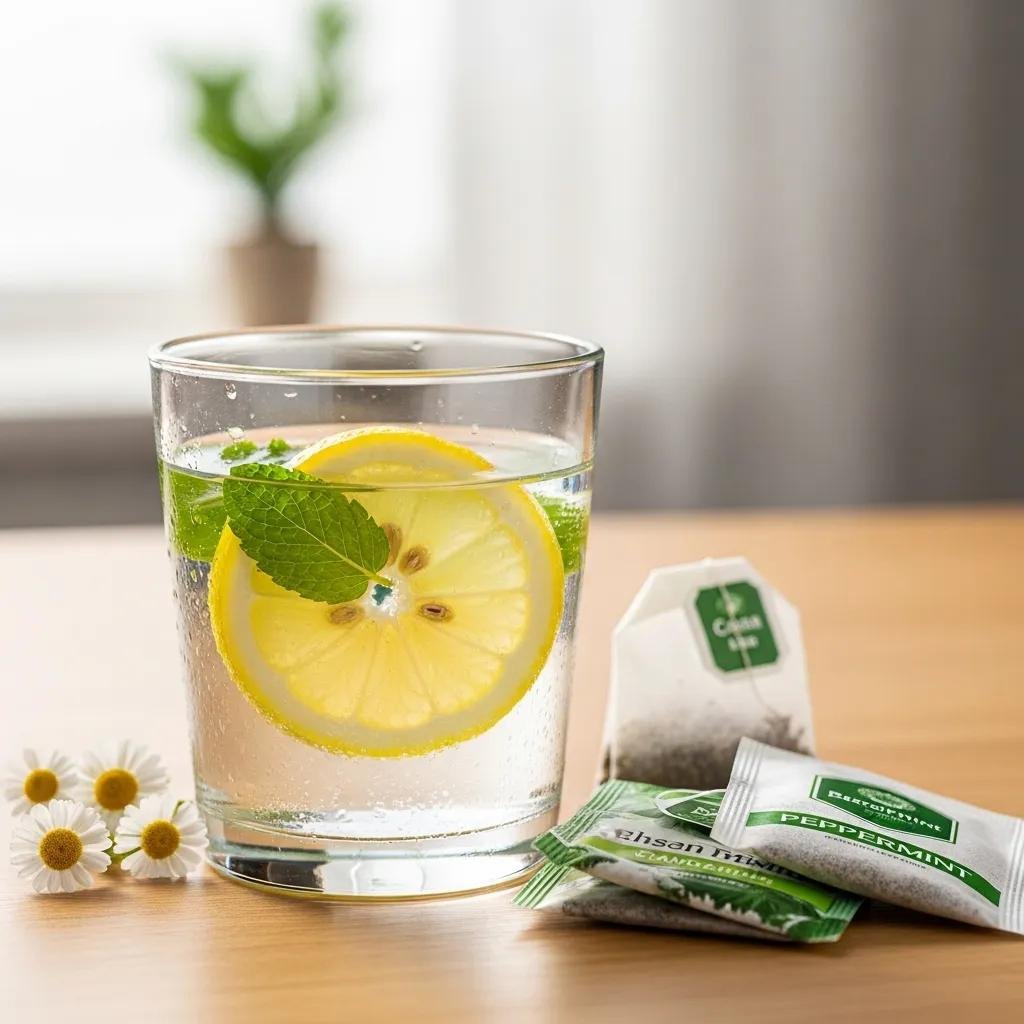 Glass of water with lemon and herbal tea bags representing sugar-free drink options for dental health